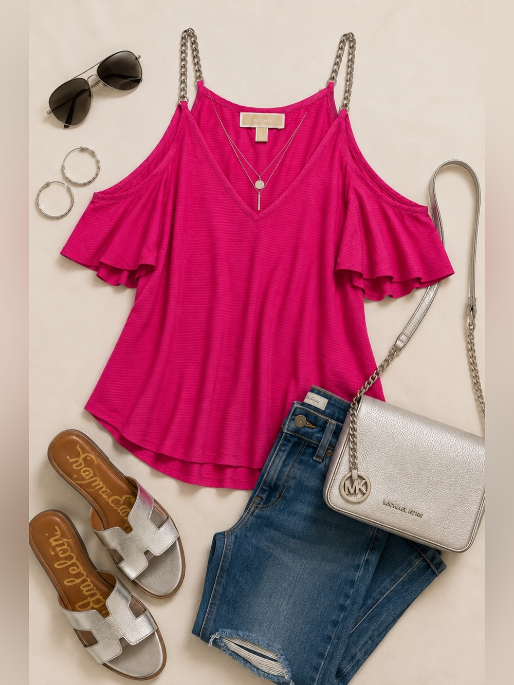 Michael Kors Pink Cold Shoulder Ruffle Chain Strap Top